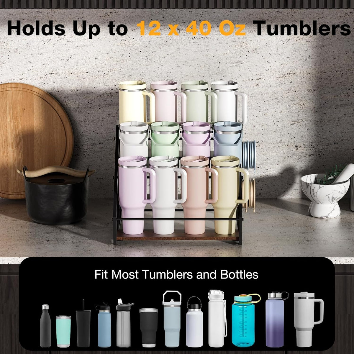 Water Bottle Organizer for Stanley, 3-Tier 8 Bottles Rack with Storage Basket for Cup Accessories, Large Tumbler Holder Stand, Water Bottle Holder Wine Rack