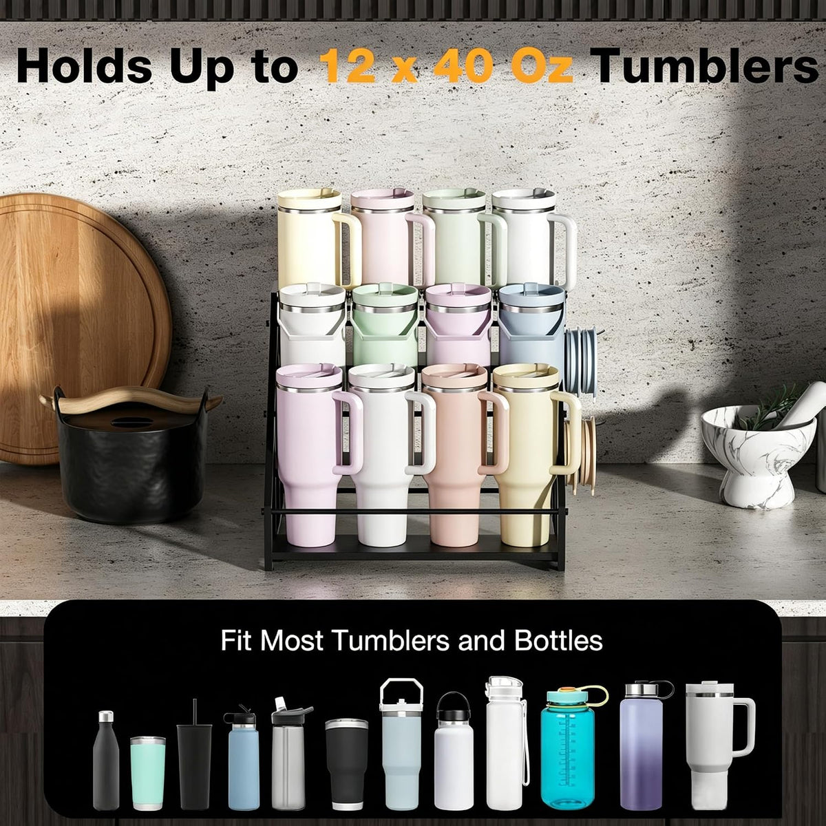 Water Bottle Organizer for Stanley, 3-Tier 8 Bottles Rack with Storage Basket for Cup Accessories, Large Tumbler Holder Stand, Water Bottle Holder Wine Rack