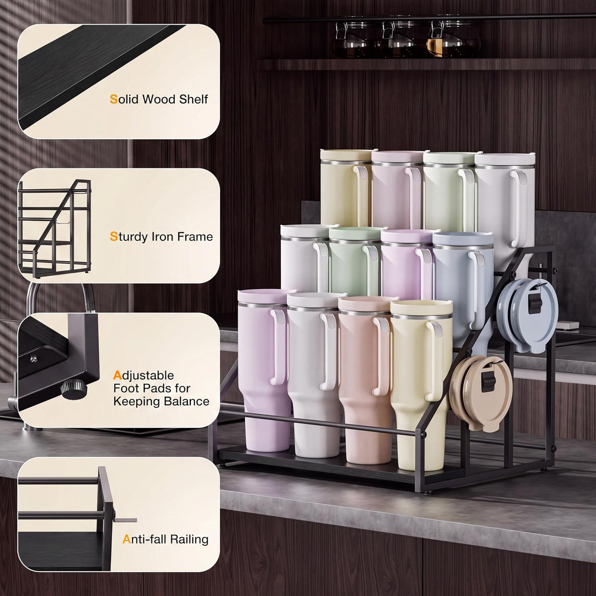 Water Bottle Organizer for Stanley, 3-Tier 8 Bottles Rack with Storage Basket for Cup Accessories, Large Tumbler Holder Stand, Water Bottle Holder Wine Rack