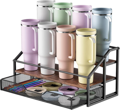 Water Bottle Organizer for Stanley, 3-Tier 8 Bottles Rack with Storage Basket for Cup Accessories, Large Tumbler Holder Stand, Water Bottle Holder Wine Rack