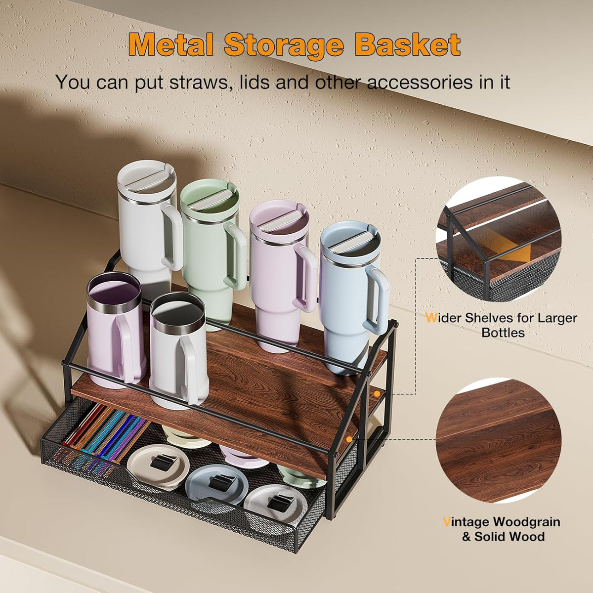 Water Bottle Organizer for Stanley, 3-Tier 8 Bottles Rack with Storage Basket for Cup Accessories, Large Tumbler Holder Stand, Water Bottle Holder Wine Rack