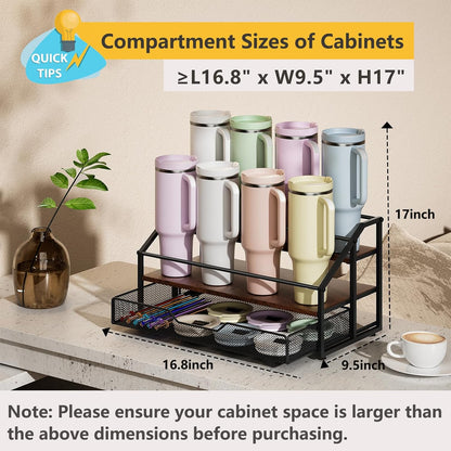 Water Bottle Organizer for Stanley, 3-Tier 8 Bottles Rack with Storage Basket for Cup Accessories, Large Tumbler Holder Stand, Water Bottle Holder Wine Rack