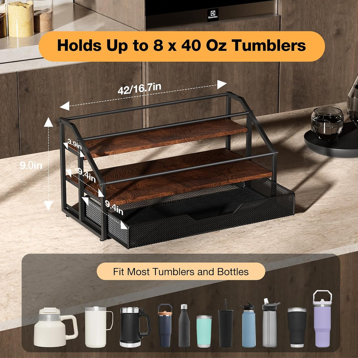 Water Bottle Organizer for Stanley, 3-Tier 8 Bottles Rack with Storage Basket for Cup Accessories, Large Tumbler Holder Stand, Water Bottle Holder Wine Rack