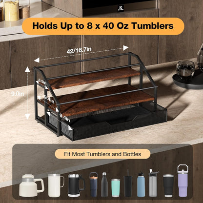 Water Bottle Organizer for Stanley, 3-Tier 8 Bottles Rack with Storage Basket for Cup Accessories, Large Tumbler Holder Stand, Water Bottle Holder Wine Rack