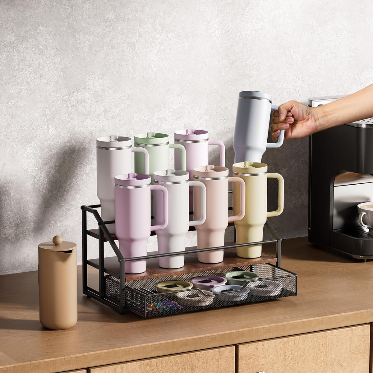 Water Bottle Organizer for Stanley, 3-Tier 8 Bottles Rack with Storage Basket for Cup Accessories, Large Tumbler Holder Stand, Water Bottle Holder Wine Rack