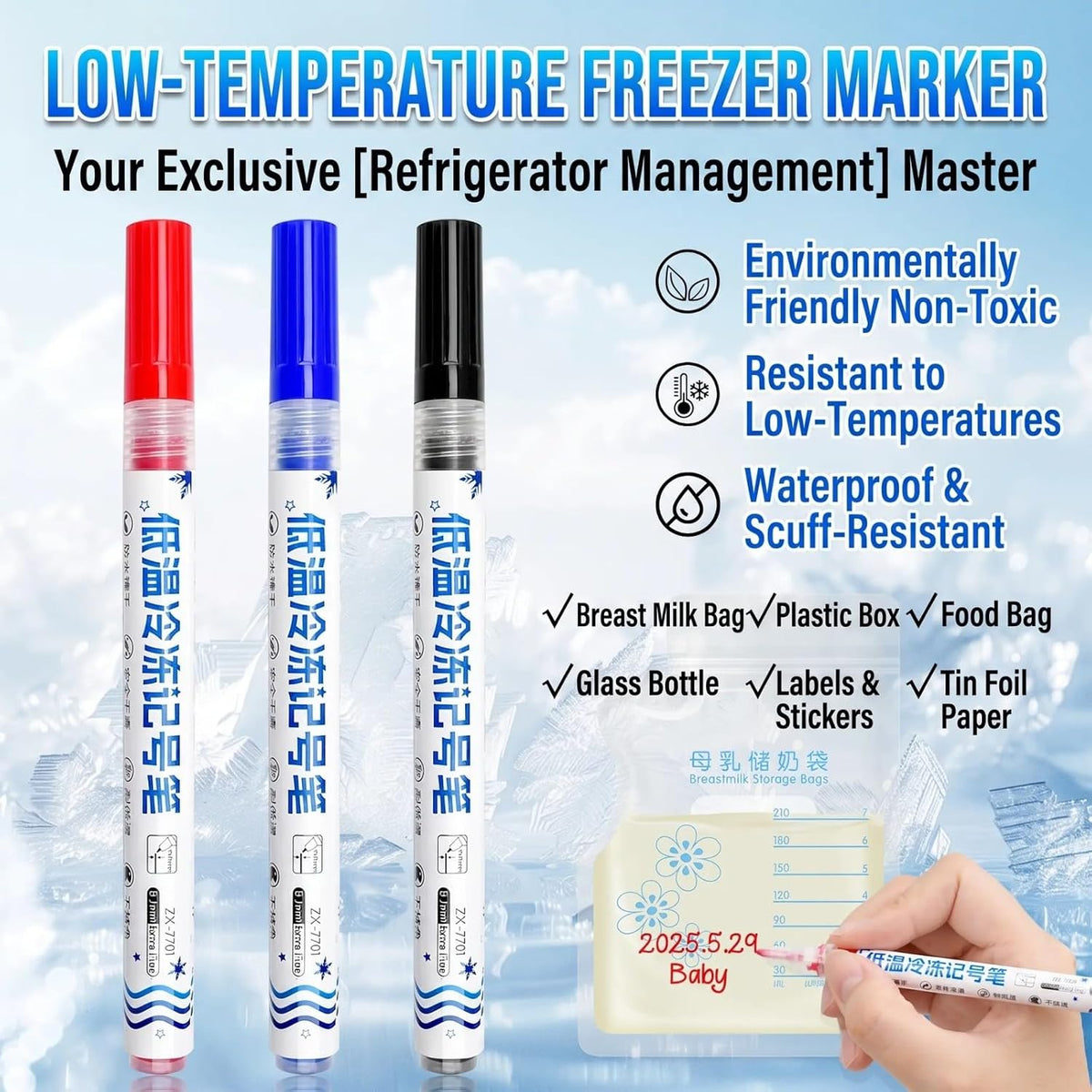 Refrigerator Marker Pen Freezer Marker with Oil Based Inks That Stays Clear in Frosty and Humid Environments Cold
