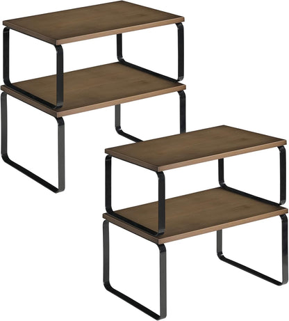 Cabinet Organizer Shelf, Set of 2 Kitchen Counter Shelves, Expandable Kitchen Storage, Stackable Bamboo Spice Rack, for Kitchen, Countertop, Office Desk, Bathroom, Natural and Black YB30TL01