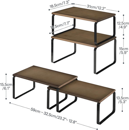 Cabinet Organizer Shelf, Set of 2 Kitchen Counter Shelves, Expandable Kitchen Storage, Stackable Bamboo Spice Rack, for Kitchen, Countertop, Office Desk, Bathroom, Natural and Black YB30TL01