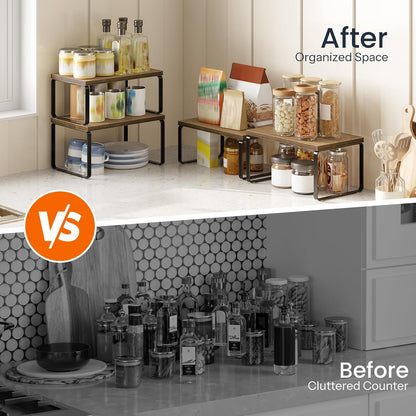 Cabinet Organizer Shelf, Set of 2 Kitchen Counter Shelves, Expandable Kitchen Storage, Stackable Bamboo Spice Rack, for Kitchen, Countertop, Office Desk, Bathroom, Natural and Black YB30TL01