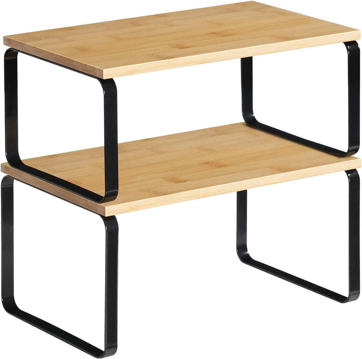 Cabinet Organizer Shelf, Set of 2 Kitchen Counter Shelves, Expandable Kitchen Storage, Stackable Bamboo Spice Rack, for Kitchen, Countertop, Office Desk, Bathroom, Natural and Black YB30TL01