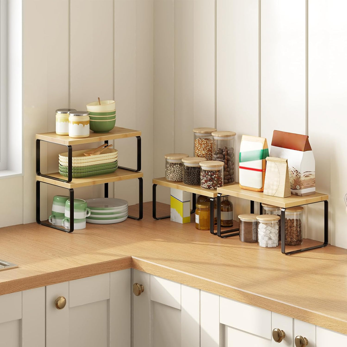 Cabinet Organizer Shelf, Set of 2 Kitchen Counter Shelves, Expandable Kitchen Storage, Stackable Bamboo Spice Rack, for Kitchen, Countertop, Office Desk, Bathroom, Natural and Black YB30TL01