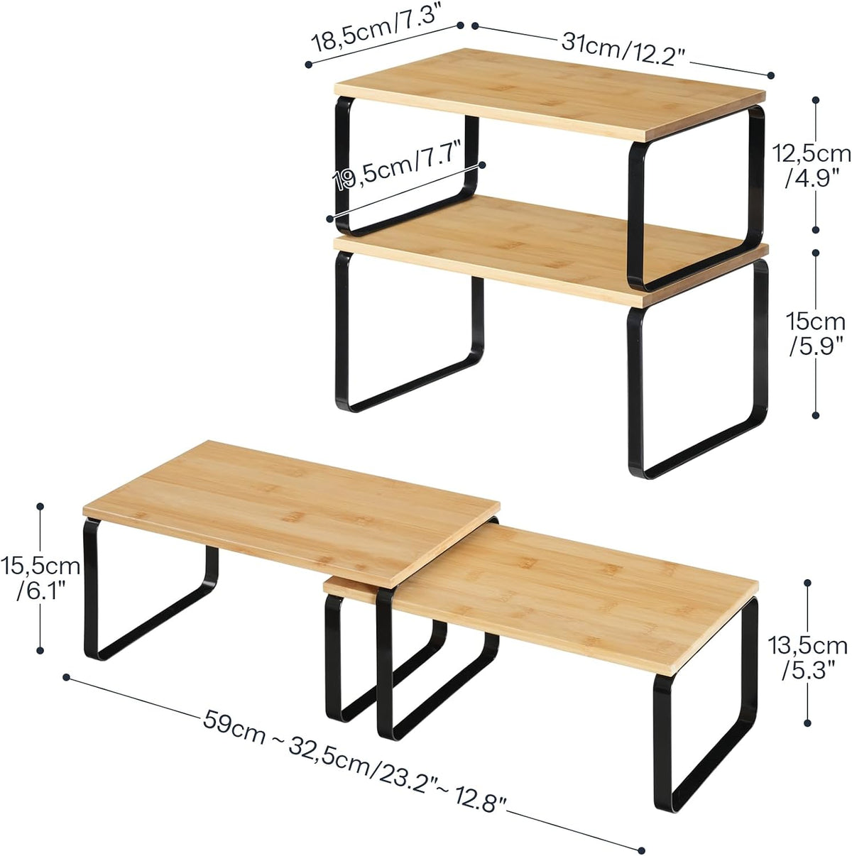Cabinet Organizer Shelf, Set of 2 Kitchen Counter Shelves, Expandable Kitchen Storage, Stackable Bamboo Spice Rack, for Kitchen, Countertop, Office Desk, Bathroom, Natural and Black YB30TL01