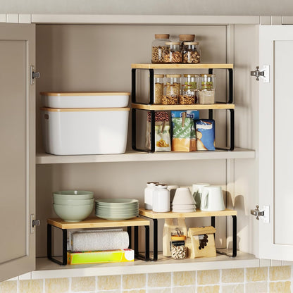 Cabinet Organizer Shelf, Set of 2 Kitchen Counter Shelves, Expandable Kitchen Storage, Stackable Bamboo Spice Rack, for Kitchen, Countertop, Office Desk, Bathroom, Natural and Black YB30TL01