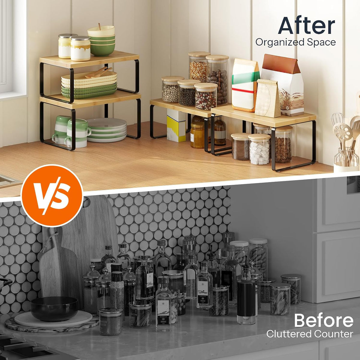 Cabinet Organizer Shelf, Set of 2 Kitchen Counter Shelves, Expandable Kitchen Storage, Stackable Bamboo Spice Rack, for Kitchen, Countertop, Office Desk, Bathroom, Natural and Black YB30TL01