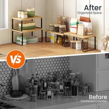 Cabinet Organizer Shelf, Set of 2 Kitchen Counter Shelves, Expandable Kitchen Storage, Stackable Bamboo Spice Rack, for Kitchen, Countertop, Office Desk, Bathroom, Natural and Black YB30TL01