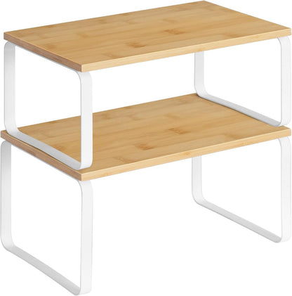 Cabinet Organizer Shelf, Set of 2 Kitchen Counter Shelves, Expandable Kitchen Storage, Stackable Bamboo Spice Rack, for Kitchen, Countertop, Office Desk, Bathroom, Natural and Black YB30TL01
