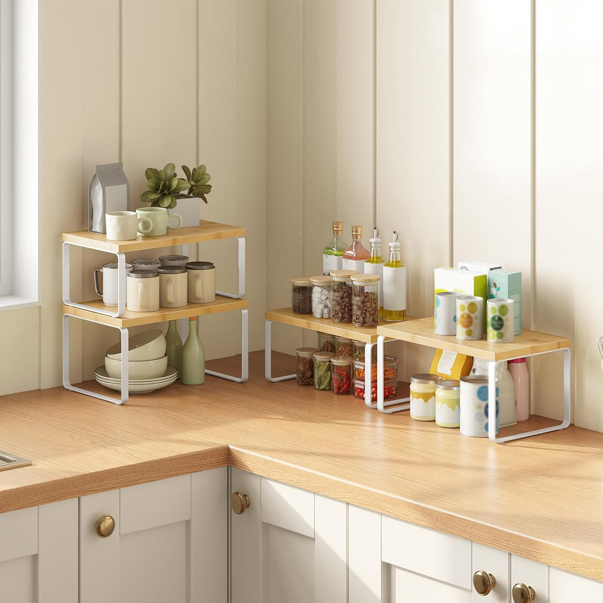 Cabinet Organizer Shelf, Set of 2 Kitchen Counter Shelves, Expandable Kitchen Storage, Stackable Bamboo Spice Rack, for Kitchen, Countertop, Office Desk, Bathroom, Natural and Black YB30TL01