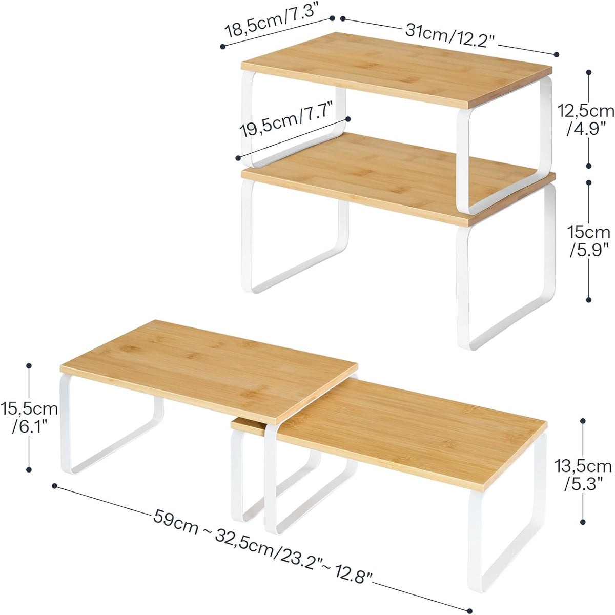 Cabinet Organizer Shelf, Set of 2 Kitchen Counter Shelves, Expandable Kitchen Storage, Stackable Bamboo Spice Rack, for Kitchen, Countertop, Office Desk, Bathroom, Natural and Black YB30TL01