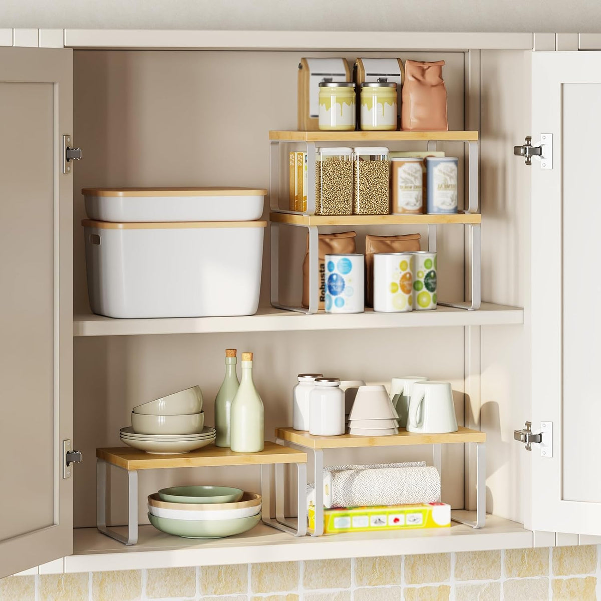 Cabinet Organizer Shelf, Set of 2 Kitchen Counter Shelves, Expandable Kitchen Storage, Stackable Bamboo Spice Rack, for Kitchen, Countertop, Office Desk, Bathroom, Natural and Black YB30TL01