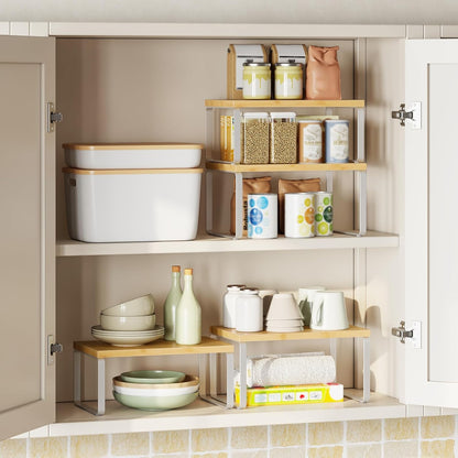 Cabinet Organizer Shelf, Set of 2 Kitchen Counter Shelves, Expandable Kitchen Storage, Stackable Bamboo Spice Rack, for Kitchen, Countertop, Office Desk, Bathroom, Natural and Black YB30TL01