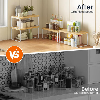 Cabinet Organizer Shelf, Set of 2 Kitchen Counter Shelves, Expandable Kitchen Storage, Stackable Bamboo Spice Rack, for Kitchen, Countertop, Office Desk, Bathroom, Natural and Black YB30TL01