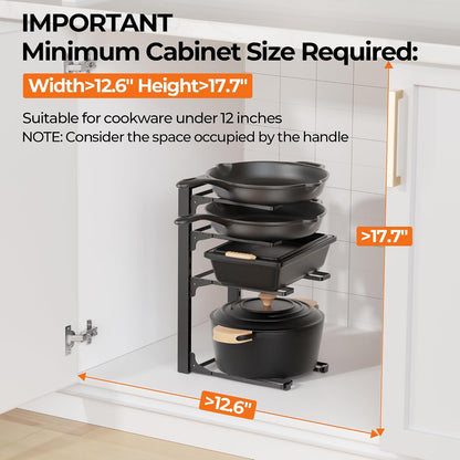 Pot and Pan Organizer Under Cabinet 15.75", 4-Tier Pot Rack, 1 Pack | Adjustable Tier, Tool-Free Assembly, Max 88 Lbs, Fits Cast Iron Pans, Skillets & Heavy Shallow Cookware, For Kitchen Cabinets