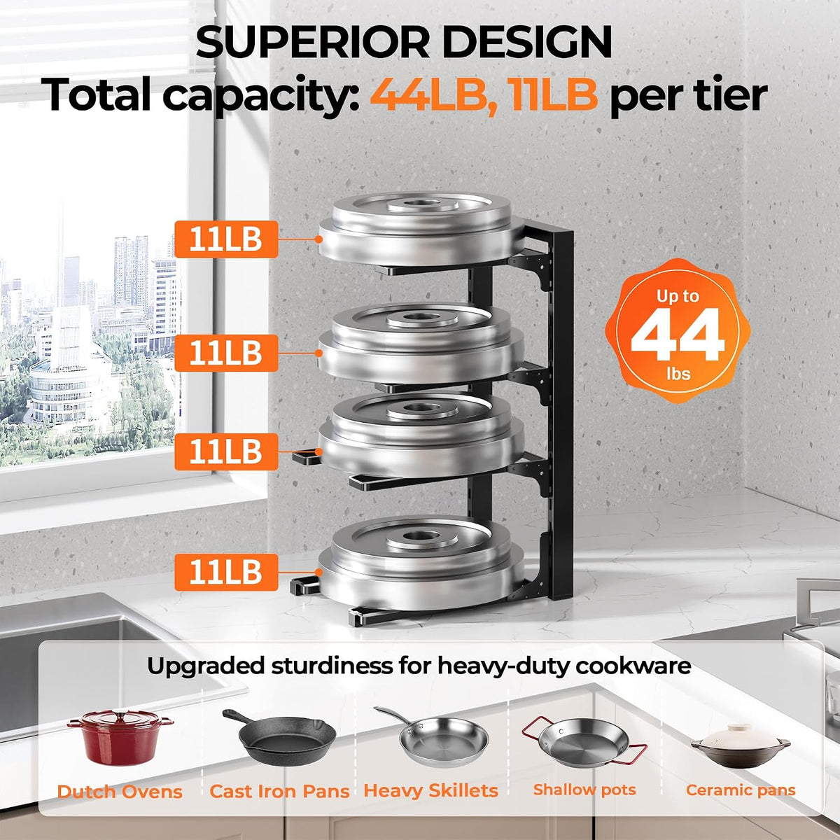 Pot and Pan Organizer Under Cabinet 15.75", 4-Tier Pot Rack, 1 Pack | Adjustable Tier, Tool-Free Assembly, Max 88 Lbs, Fits Cast Iron Pans, Skillets & Heavy Shallow Cookware, For Kitchen Cabinets