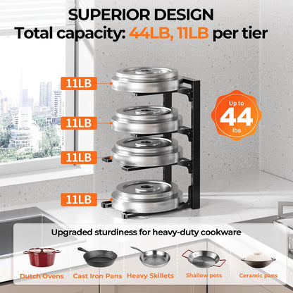 Pot and Pan Organizer Under Cabinet 15.75", 4-Tier Pot Rack, 1 Pack | Adjustable Tier, Tool-Free Assembly, Max 88 Lbs, Fits Cast Iron Pans, Skillets & Heavy Shallow Cookware, For Kitchen Cabinets