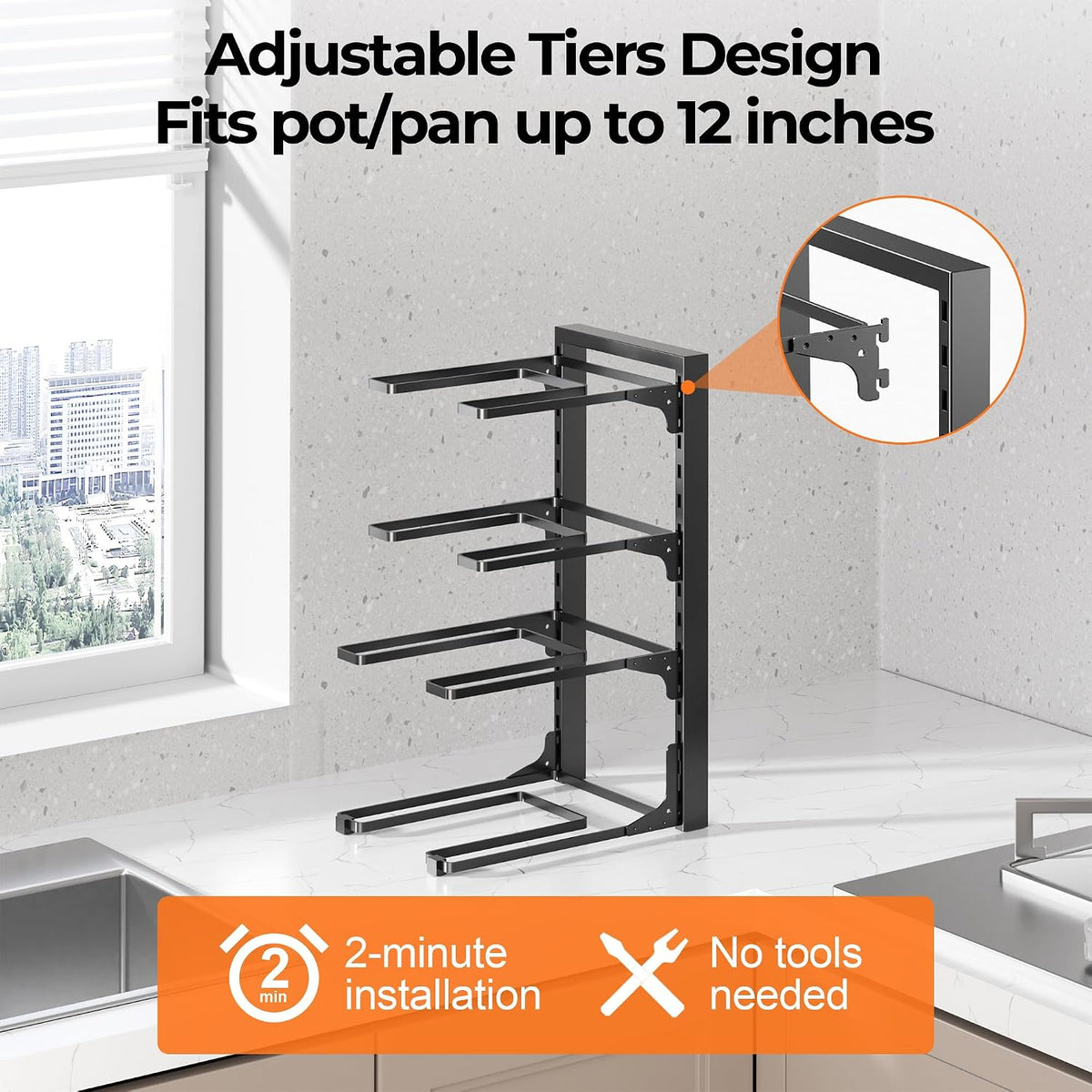 Pot and Pan Organizer Under Cabinet 15.75", 4-Tier Pot Rack, 1 Pack | Adjustable Tier, Tool-Free Assembly, Max 88 Lbs, Fits Cast Iron Pans, Skillets & Heavy Shallow Cookware, For Kitchen Cabinets