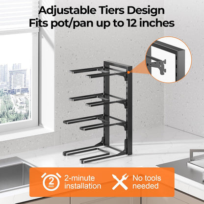 Pot and Pan Organizer Under Cabinet 15.75", 4-Tier Pot Rack, 1 Pack | Adjustable Tier, Tool-Free Assembly, Max 88 Lbs, Fits Cast Iron Pans, Skillets & Heavy Shallow Cookware, For Kitchen Cabinets