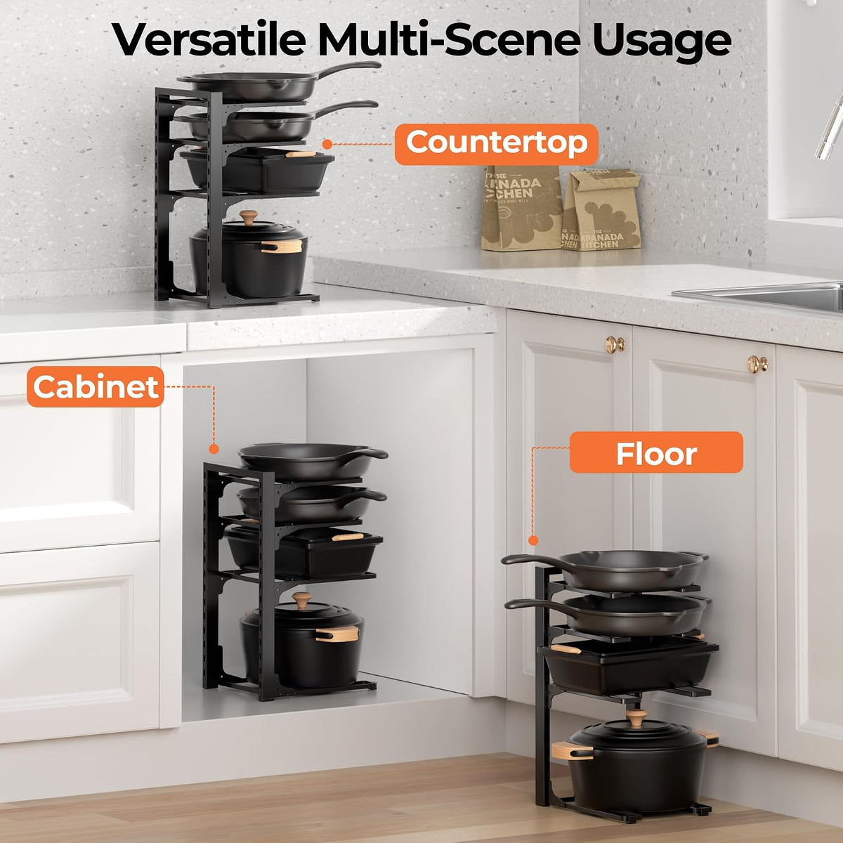 Pot and Pan Organizer Under Cabinet 15.75", 4-Tier Pot Rack, 1 Pack | Adjustable Tier, Tool-Free Assembly, Max 88 Lbs, Fits Cast Iron Pans, Skillets & Heavy Shallow Cookware, For Kitchen Cabinets