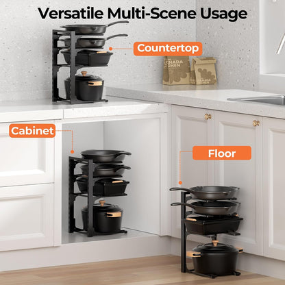 Pot and Pan Organizer Under Cabinet 15.75", 4-Tier Pot Rack, 1 Pack | Adjustable Tier, Tool-Free Assembly, Max 88 Lbs, Fits Cast Iron Pans, Skillets & Heavy Shallow Cookware, For Kitchen Cabinets