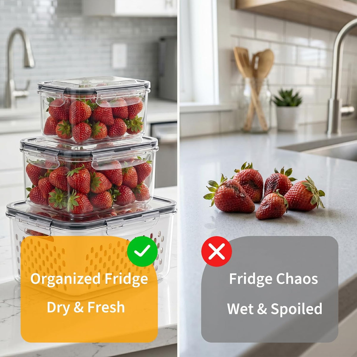 Berry keeper Fruit Storage Containers for Fridge with Removable Colander | 4 in 1 Food Storage Containers with Lids, Dishwasher Safe Easy to Clean, Keep Strawberry and Other Fruit Fresh Longer, 4PCS