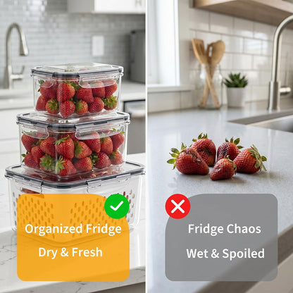 Berry keeper Fruit Storage Containers for Fridge with Removable Colander | 4 in 1 Food Storage Containers with Lids, Dishwasher Safe Easy to Clean, Keep Strawberry and Other Fruit Fresh Longer, 4PCS