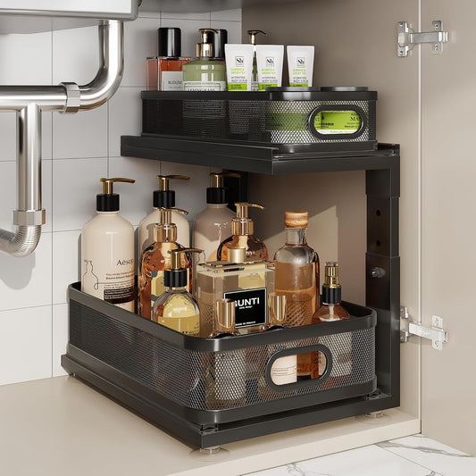 Under Sink Organizer With Next-Gen Ball-Bearing Slides,2-Tier Precision Mesh Pull Out Cabinet Drawers Storage for Bathroom&Kitchen,Height Adjustable Shelf,Rust-resistant-Patent Pending