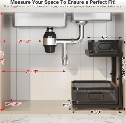 Under Sink Organizer With Next-Gen Ball-Bearing Slides,2-Tier Precision Mesh Pull Out Cabinet Drawers Storage for Bathroom&Kitchen,Height Adjustable Shelf,Rust-resistant-Patent Pending