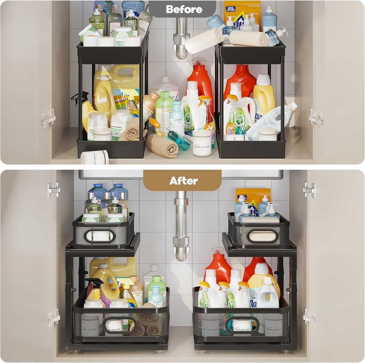 Under Sink Organizer With Next-Gen Ball-Bearing Slides,2-Tier Precision Mesh Pull Out Cabinet Drawers Storage for Bathroom&Kitchen,Height Adjustable Shelf,Rust-resistant-Patent Pending