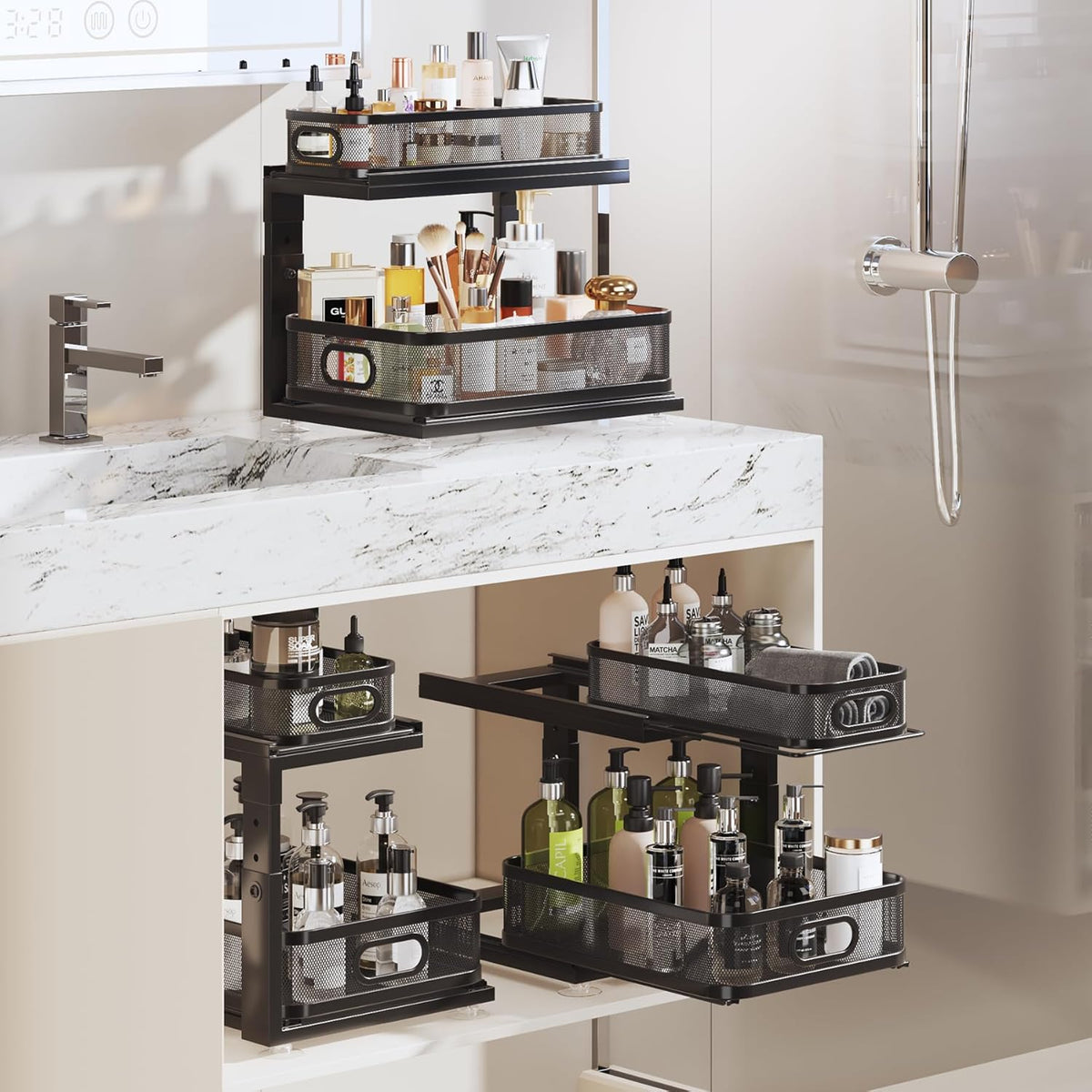 Under Sink Organizer With Next-Gen Ball-Bearing Slides,2-Tier Precision Mesh Pull Out Cabinet Drawers Storage for Bathroom&Kitchen,Height Adjustable Shelf,Rust-resistant-Patent Pending