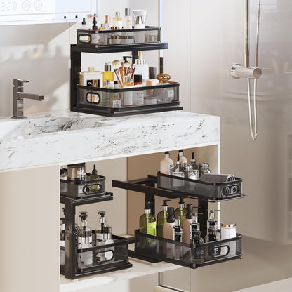 Under Sink Organizer With Next-Gen Ball-Bearing Slides,2-Tier Precision Mesh Pull Out Cabinet Drawers Storage for Bathroom&Kitchen,Height Adjustable Shelf,Rust-resistant-Patent Pending