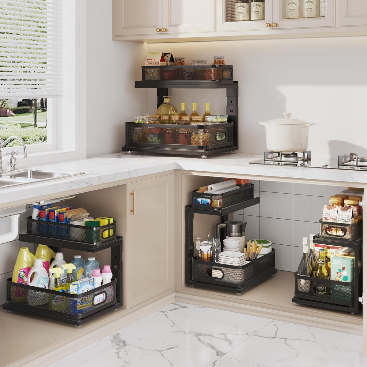 Under Sink Organizer With Next-Gen Ball-Bearing Slides,2-Tier Precision Mesh Pull Out Cabinet Drawers Storage for Bathroom&Kitchen,Height Adjustable Shelf,Rust-resistant-Patent Pending