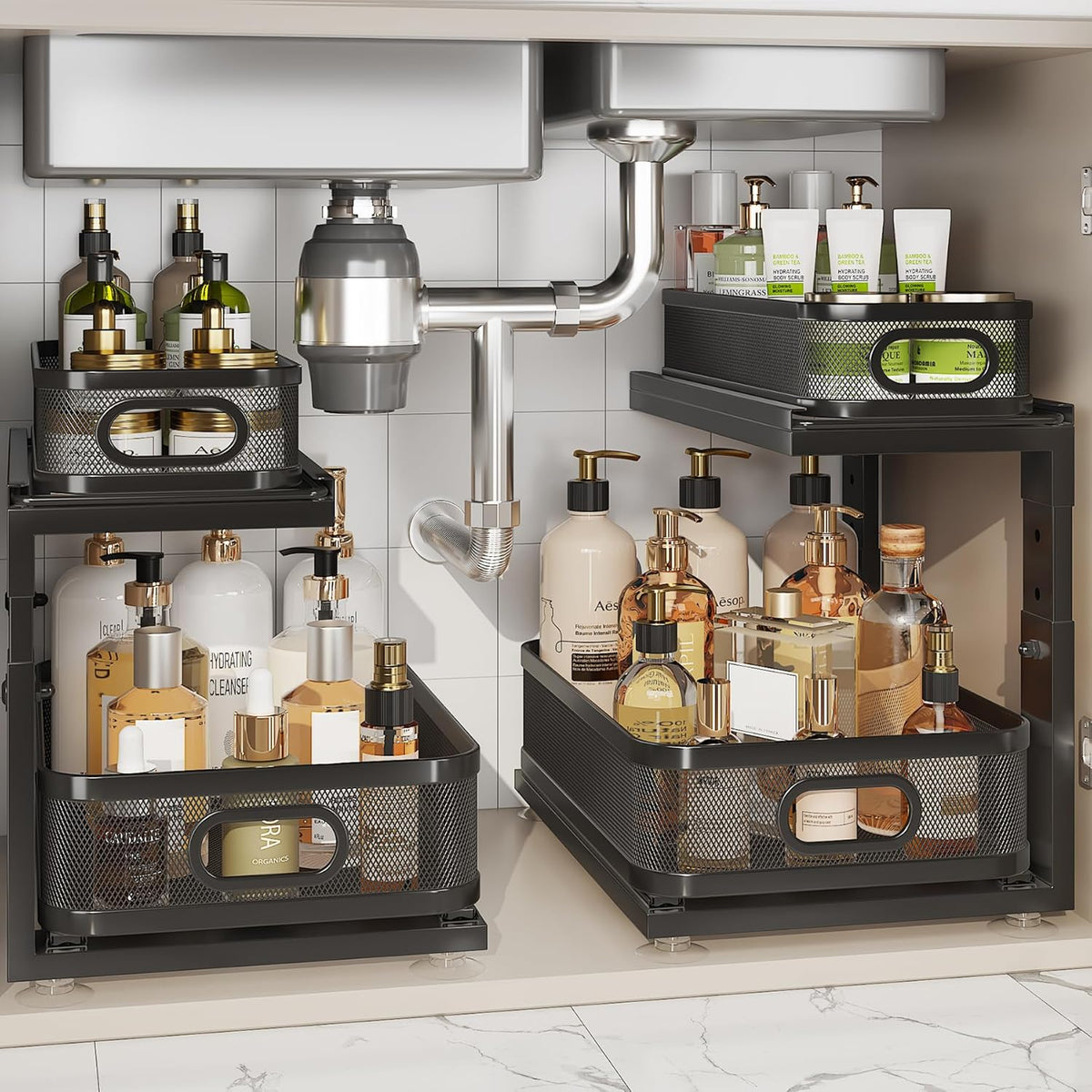 Under Sink Organizer With Next-Gen Ball-Bearing Slides,2-Tier Precision Mesh Pull Out Cabinet Drawers Storage for Bathroom&Kitchen,Height Adjustable Shelf,Rust-resistant-Patent Pending