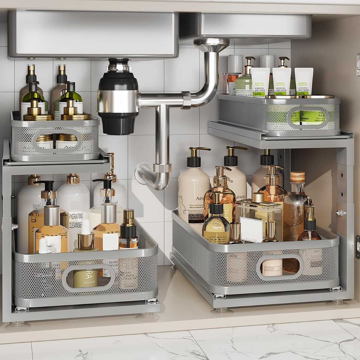 Under Sink Organizer With Next-Gen Ball-Bearing Slides,2-Tier Precision Mesh Pull Out Cabinet Drawers Storage for Bathroom&Kitchen,Height Adjustable Shelf,Rust-resistant-Patent Pending