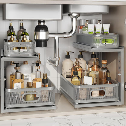 Under Sink Organizer With Next-Gen Ball-Bearing Slides,2-Tier Precision Mesh Pull Out Cabinet Drawers Storage for Bathroom&Kitchen,Height Adjustable Shelf,Rust-resistant-Patent Pending