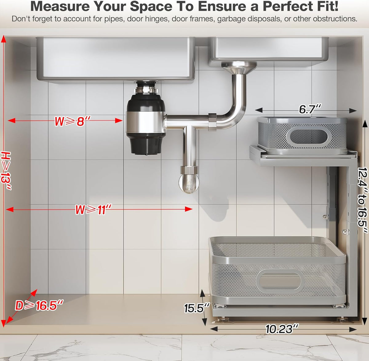Under Sink Organizer With Next-Gen Ball-Bearing Slides,2-Tier Precision Mesh Pull Out Cabinet Drawers Storage for Bathroom&Kitchen,Height Adjustable Shelf,Rust-resistant-Patent Pending