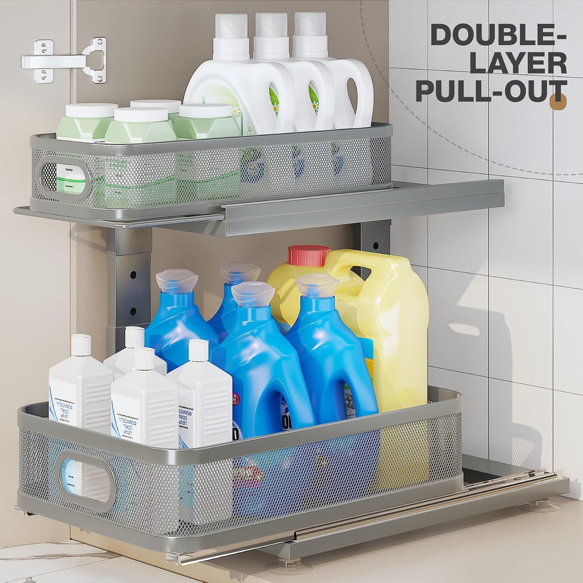 Under Sink Organizer With Next-Gen Ball-Bearing Slides,2-Tier Precision Mesh Pull Out Cabinet Drawers Storage for Bathroom&Kitchen,Height Adjustable Shelf,Rust-resistant-Patent Pending