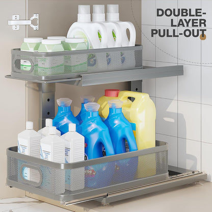 Under Sink Organizer With Next-Gen Ball-Bearing Slides,2-Tier Precision Mesh Pull Out Cabinet Drawers Storage for Bathroom&Kitchen,Height Adjustable Shelf,Rust-resistant-Patent Pending