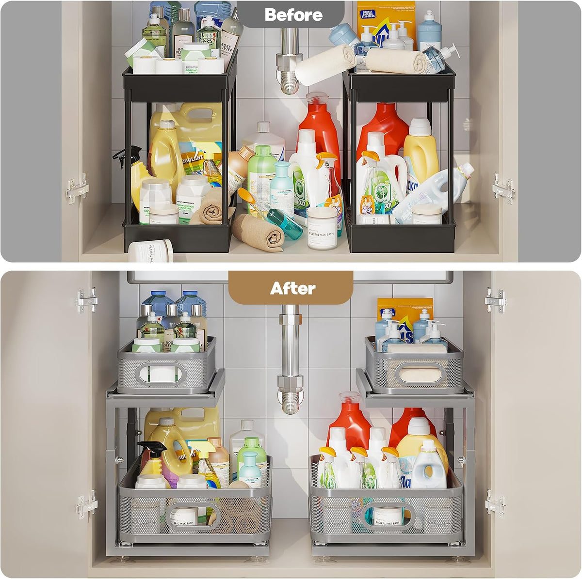 Under Sink Organizer With Next-Gen Ball-Bearing Slides,2-Tier Precision Mesh Pull Out Cabinet Drawers Storage for Bathroom&Kitchen,Height Adjustable Shelf,Rust-resistant-Patent Pending