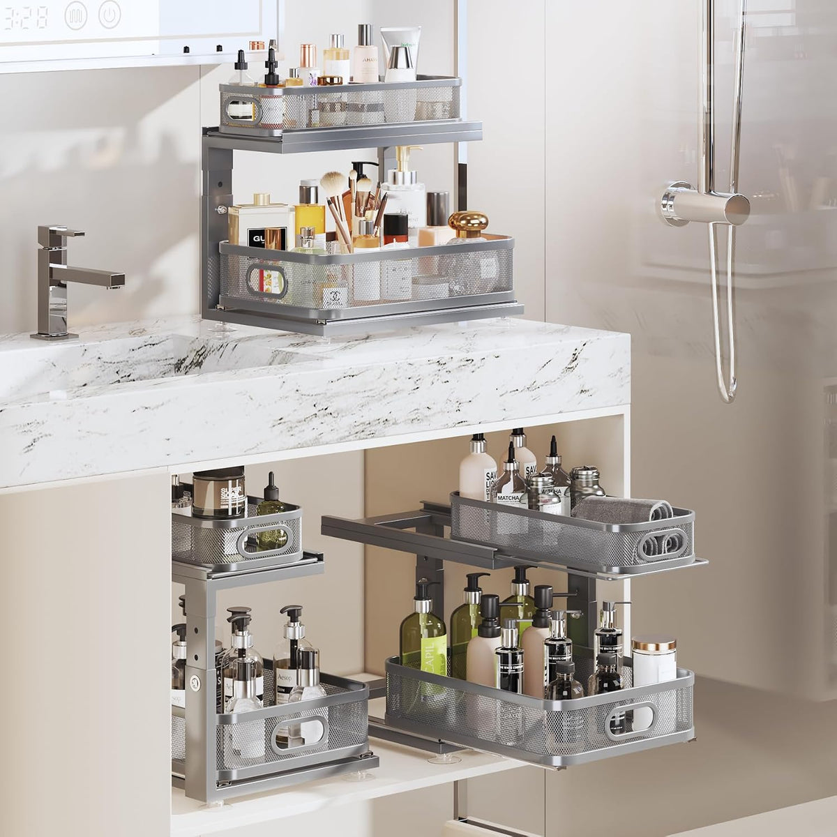 Under Sink Organizer With Next-Gen Ball-Bearing Slides,2-Tier Precision Mesh Pull Out Cabinet Drawers Storage for Bathroom&Kitchen,Height Adjustable Shelf,Rust-resistant-Patent Pending