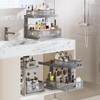 Under Sink Organizer With Next-Gen Ball-Bearing Slides,2-Tier Precision Mesh Pull Out Cabinet Drawers Storage for Bathroom&Kitchen,Height Adjustable Shelf,Rust-resistant-Patent Pending