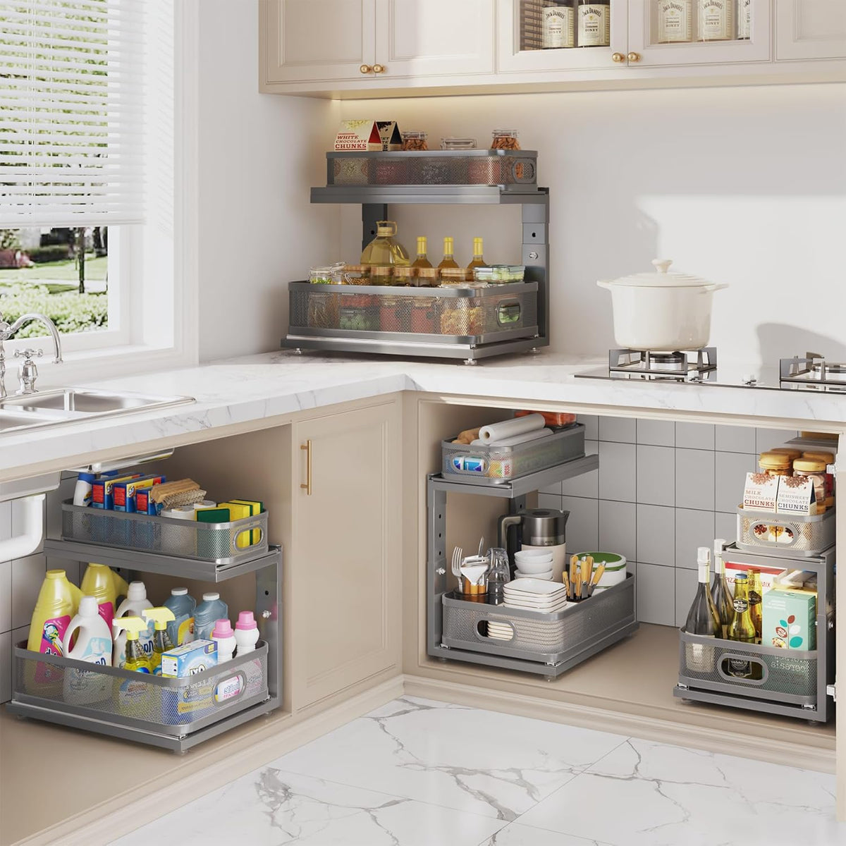Under Sink Organizer With Next-Gen Ball-Bearing Slides,2-Tier Precision Mesh Pull Out Cabinet Drawers Storage for Bathroom&Kitchen,Height Adjustable Shelf,Rust-resistant-Patent Pending